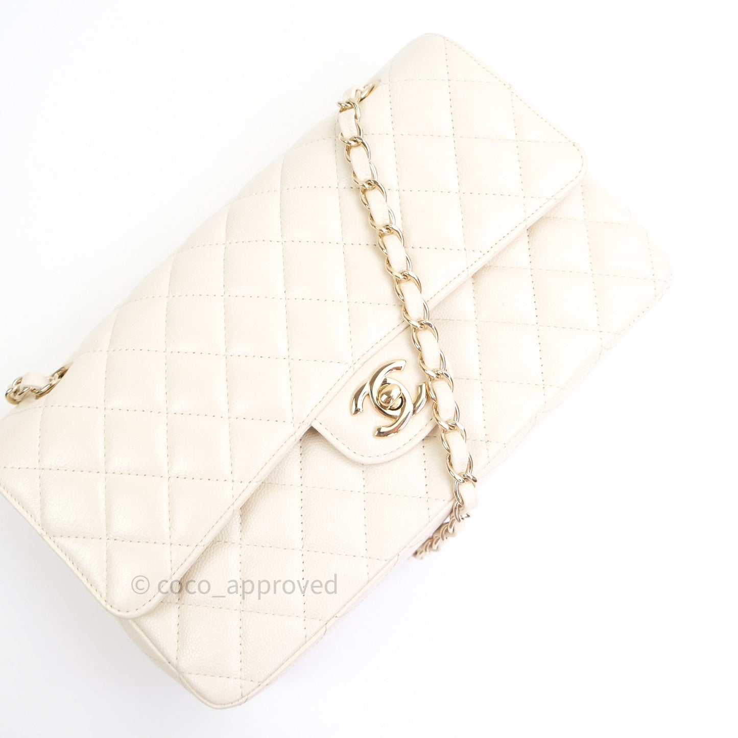 Chanel Classic Double Flap Quilted M/L Ivory Caviar Gold Hardware 17C