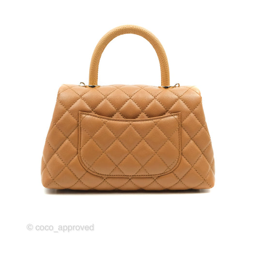 Chanel Mini (Small) Coco Handle Quilted Dark Beige Caramel Caviar Gold Hardware Lizard Embossed Handle 21P