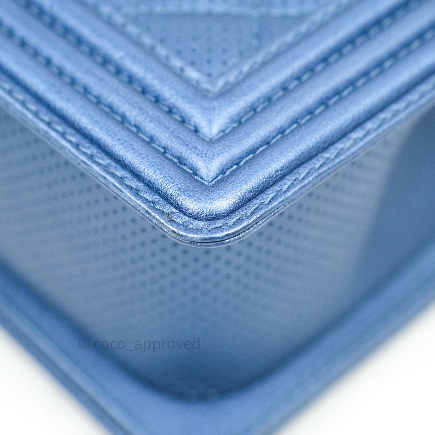 Chanel Boy Medium Blue Metallic Calfskin Perforated Silver Hardware