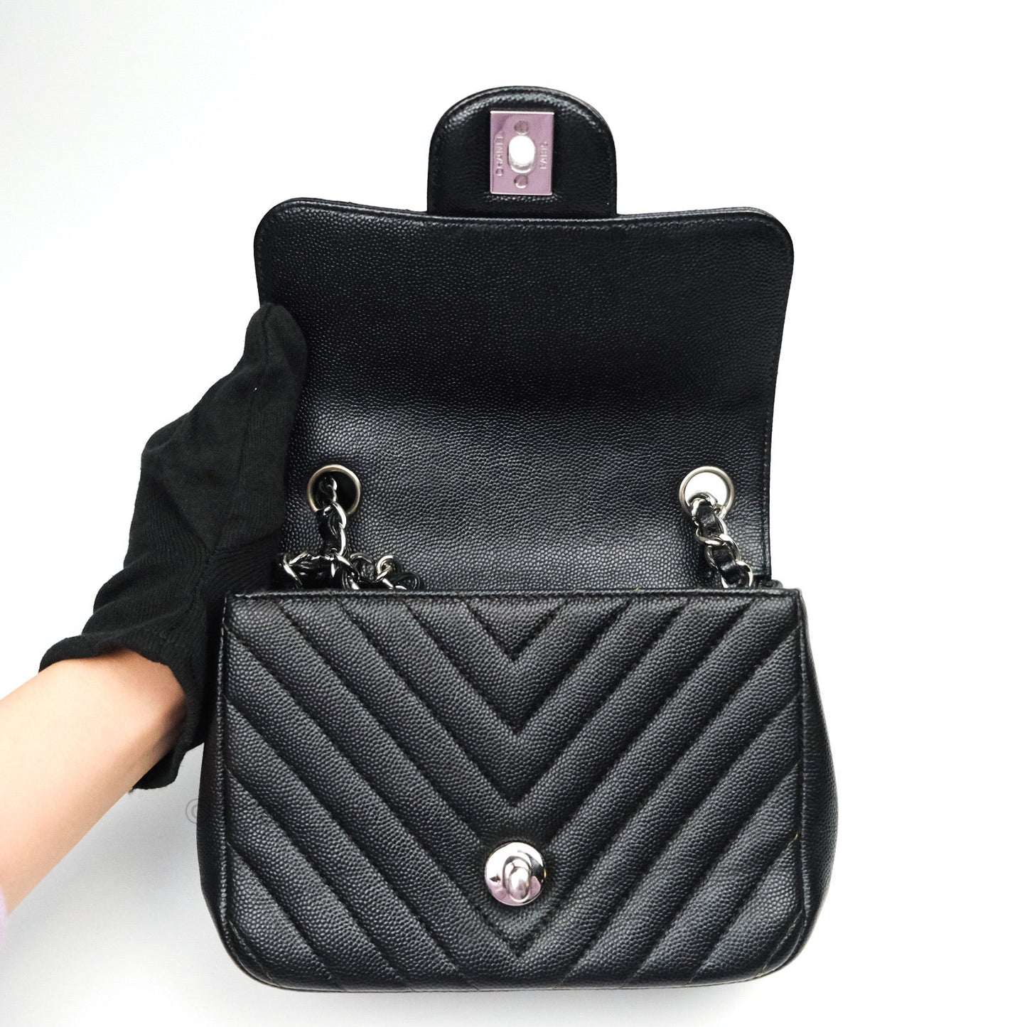 Chanel Mini Square Chevron Black Caviar Silver Hardware