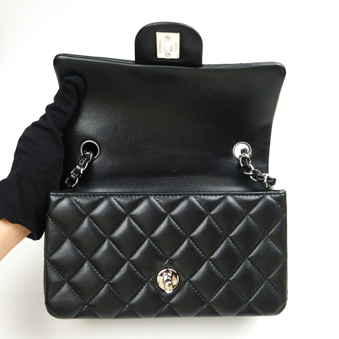 Chanel Quilted Mini Rectangular Black Lambskin Silver Hardware