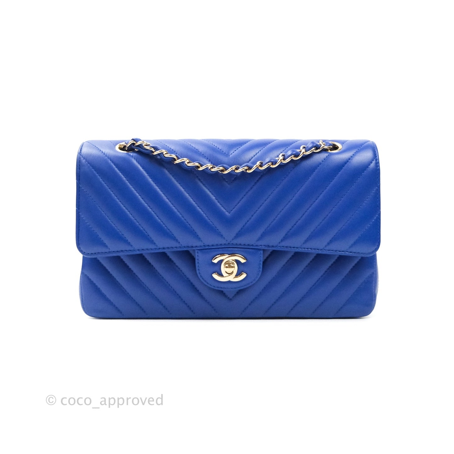 Chanel Classic Chevron M/L Medium Double Flap Blue Lambskin Gold Hardware