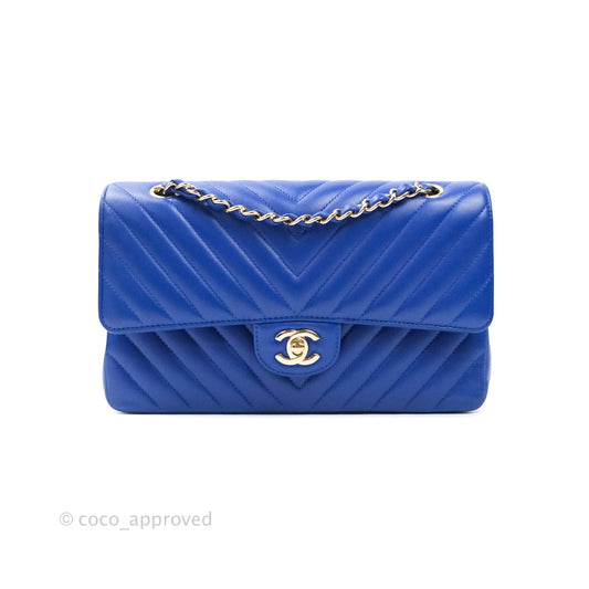 Chanel Classic Chevron M/L Medium Double Flap Blue Lambskin Gold Hardware