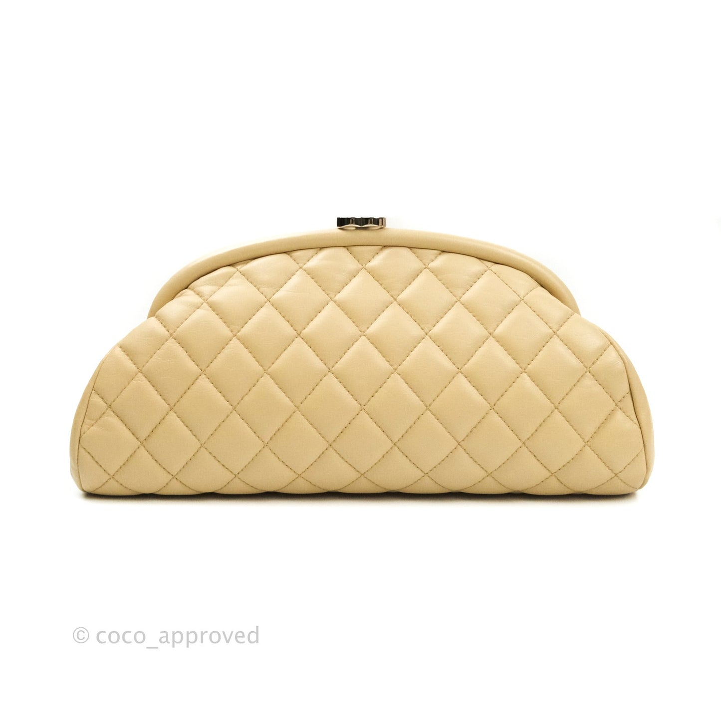 Chanel Quilted Timeless Kisslock Clutch Beige Lambskin Silver Hardware