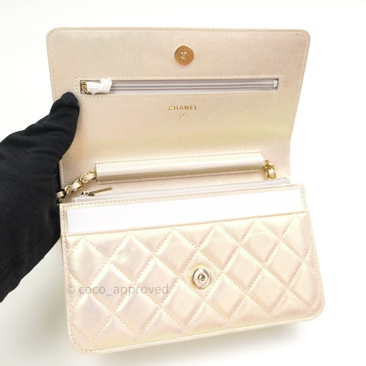 Chanel Quilted Wallet on Chain WOC Iridescent Ivory Gold Hardware 20A