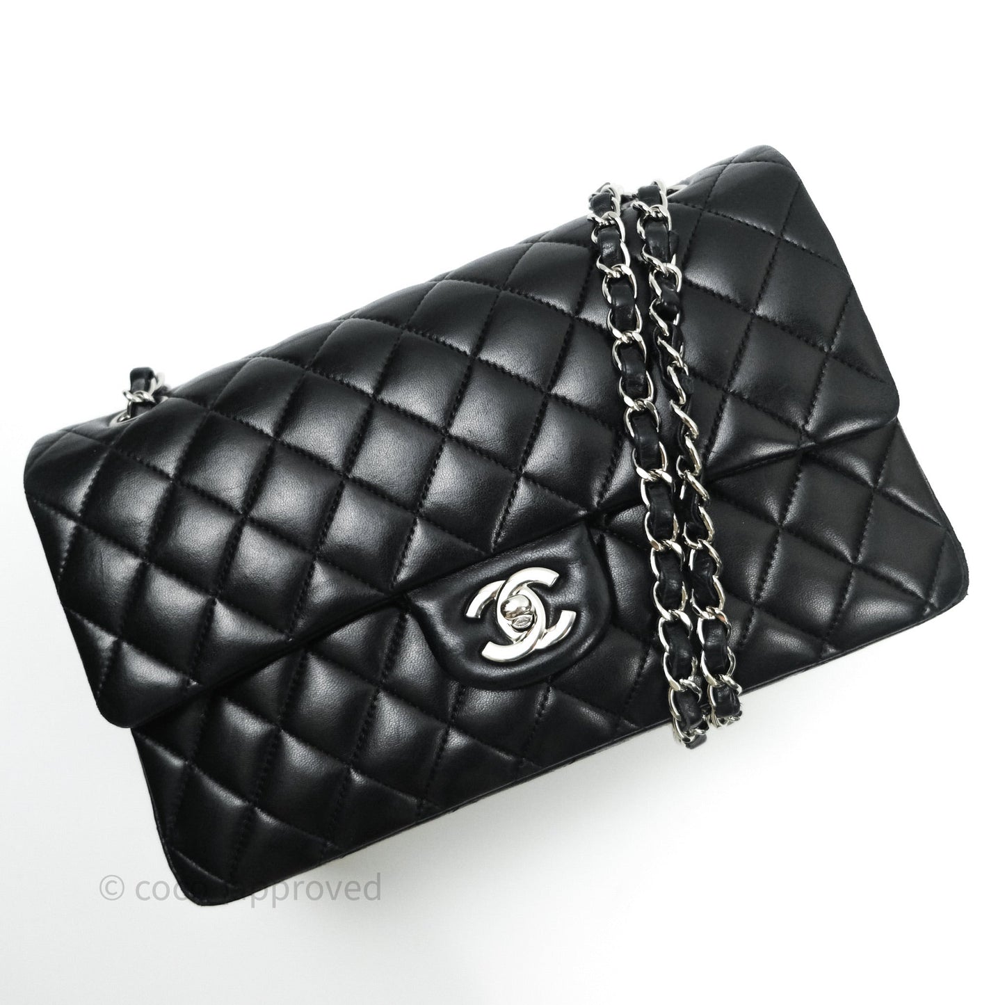 Chanel Classic M/L Medium Double Flap Black Lambskin Silver Hardware