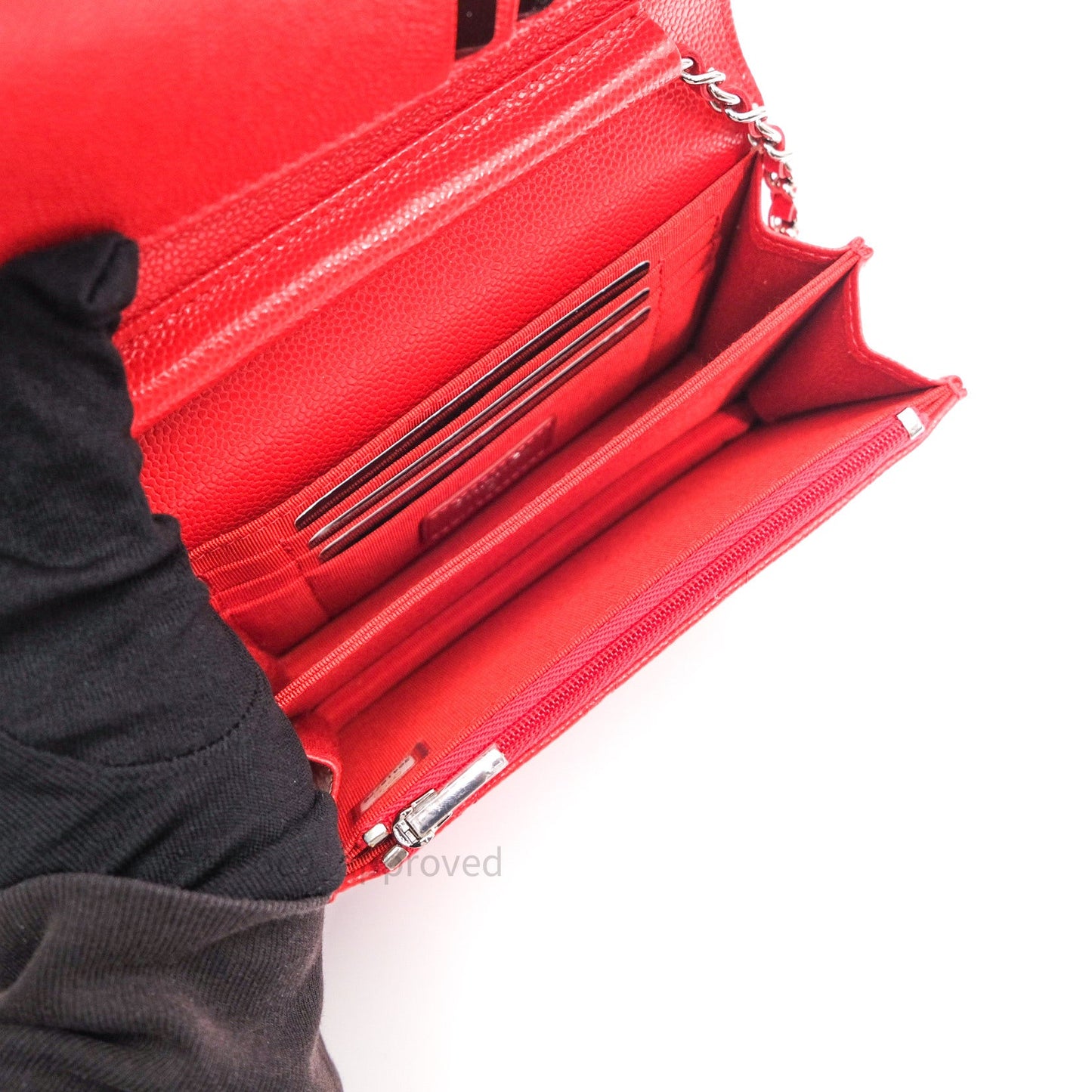Chanel Quilted Mini Wallet on Chain WOC Brick Red Caviar Silver Hardware