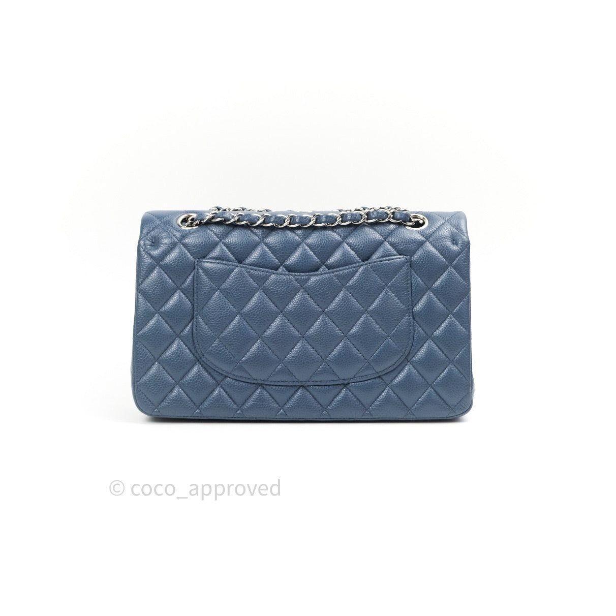 Chanel Classic Double Flap Quilted M/L Blue Caviar Silver Hardware