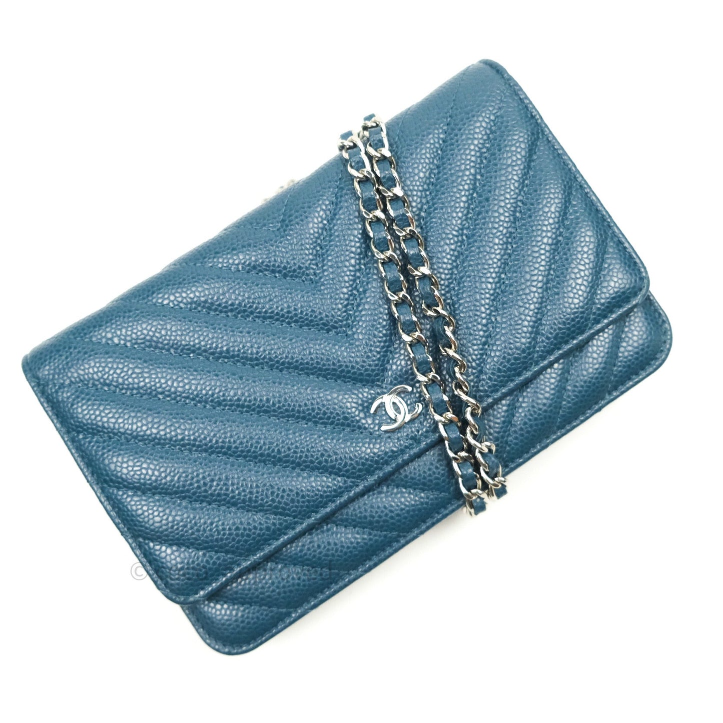 Chanel Chevron Wallet on Chain WOC Blue Caviar Silver Hardware
