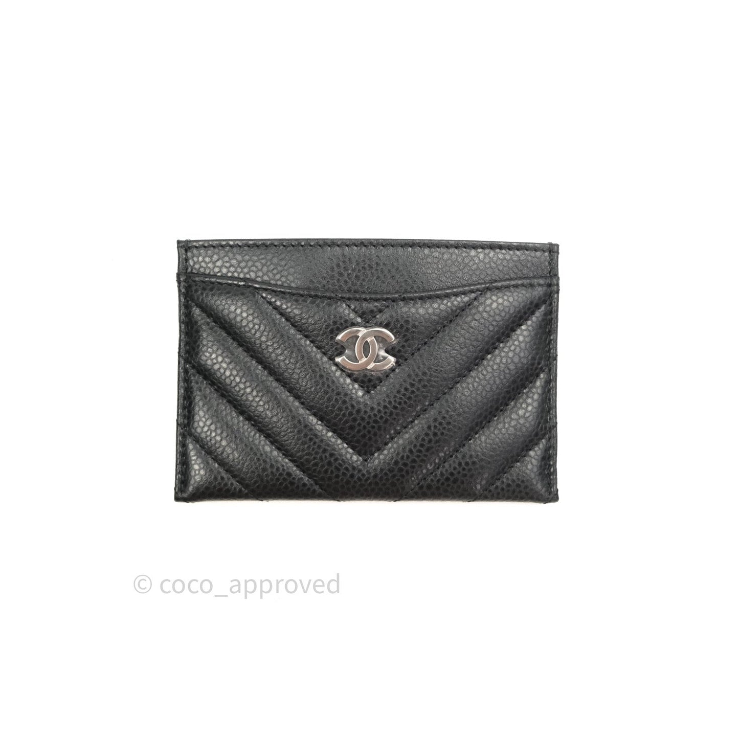 Chanel Classic Chevron Black Caviar Silver Hardware Flat Card Holder