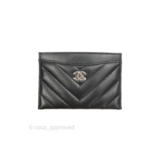 Chanel Classic Chevron Black Caviar Silver Hardware Flat Card Holder