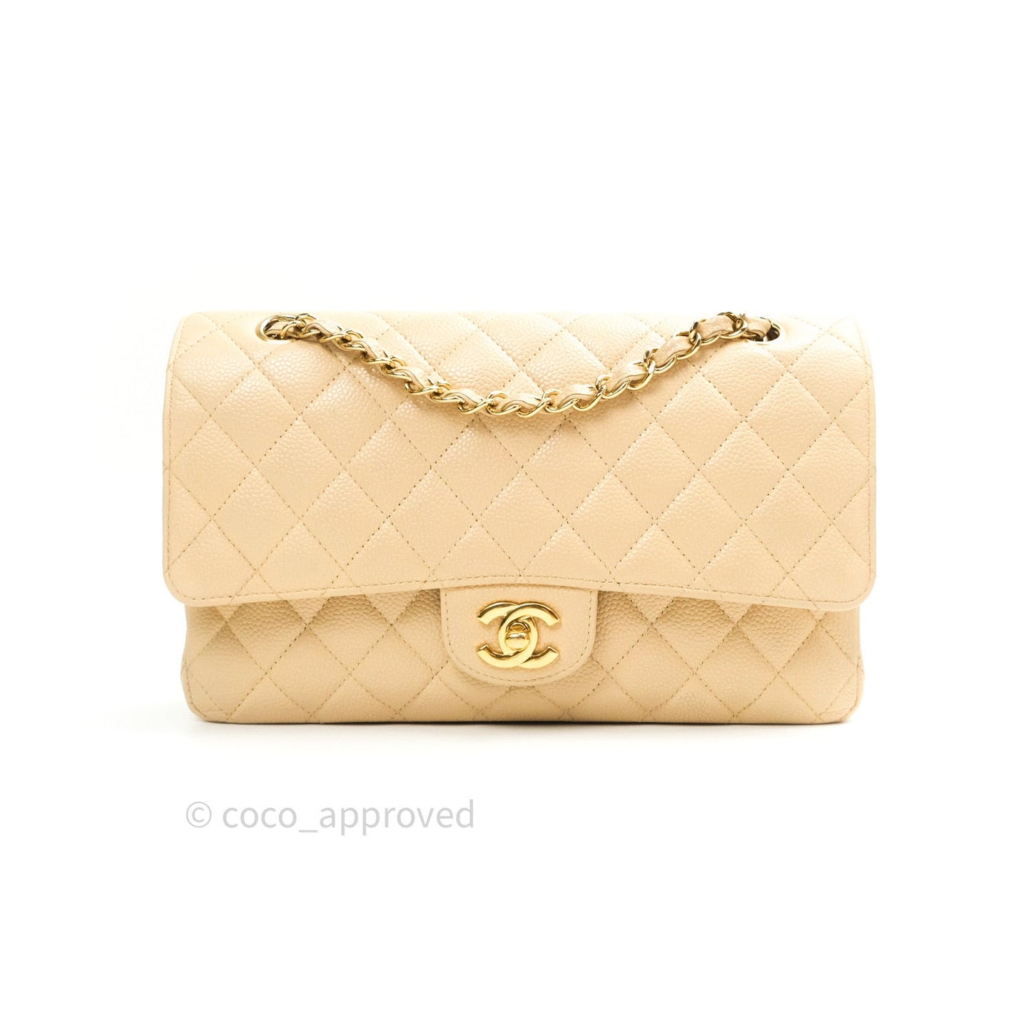 Chanel Quilted M/L Medium Double Flap Beige Clair Caviar Gold Hardware