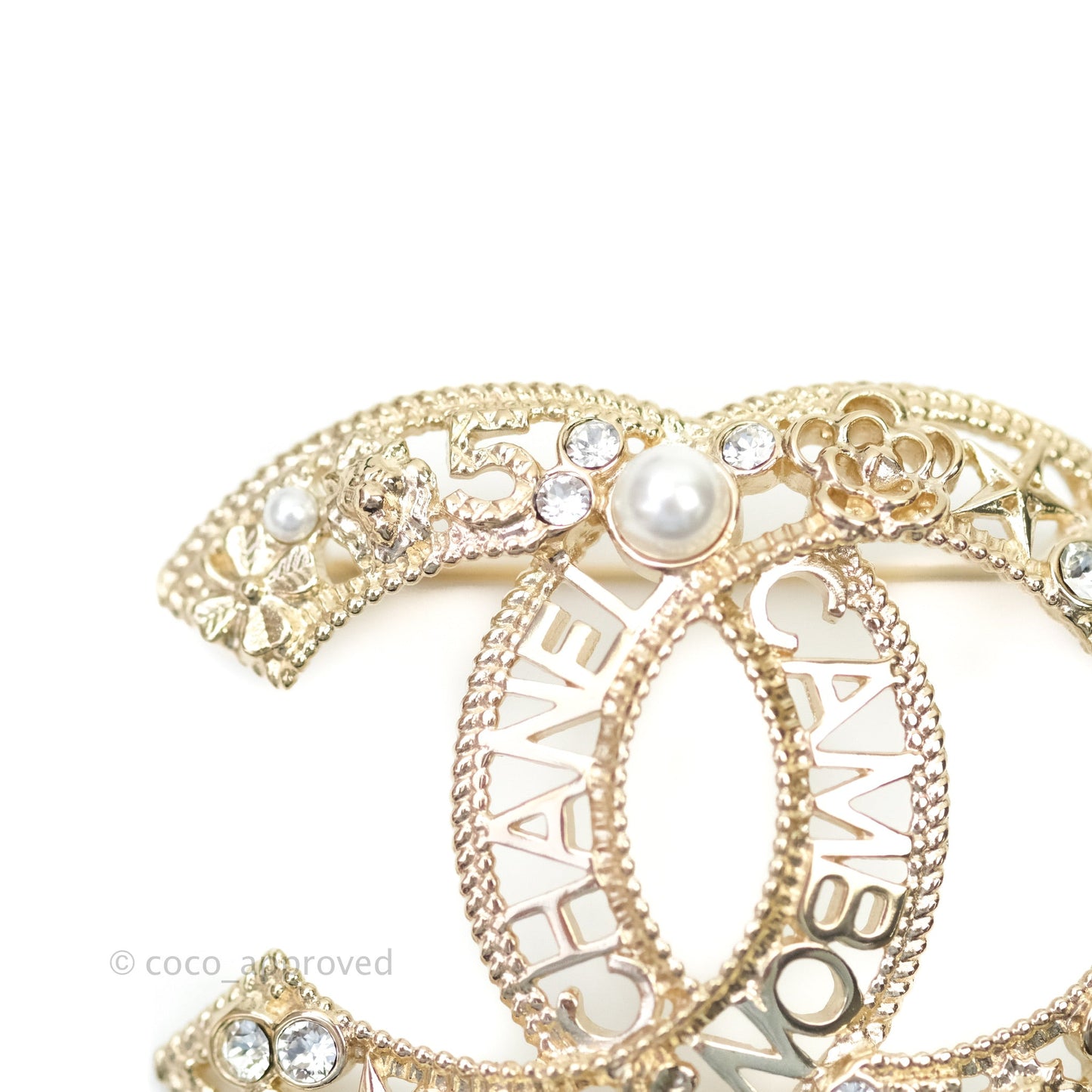 Chanel CC Cambon Pearl Crystal Brooch Gold Tone 21A