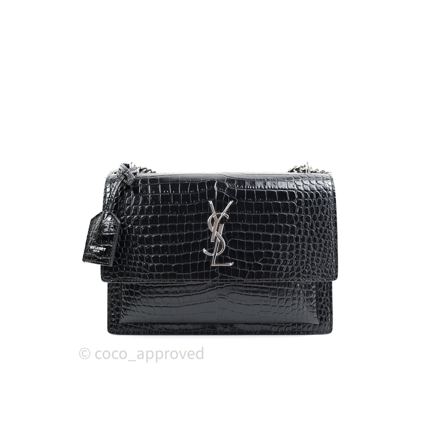 Saint Laurent Sunset Medium Black Crocodile Embossed Calfskin Silver Hardware