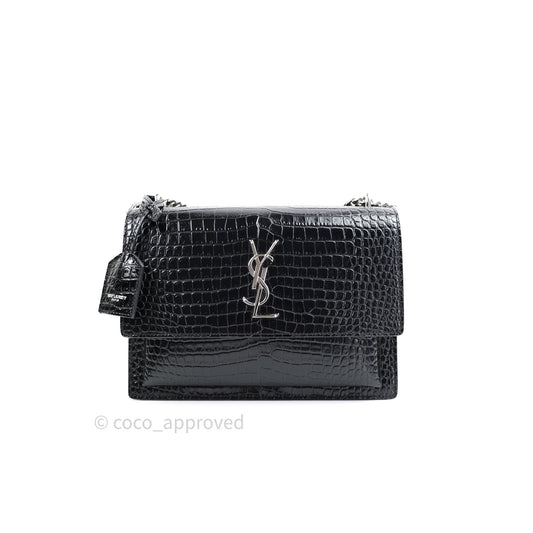 Saint Laurent Sunset Medium Black Crocodile Embossed Calfskin Silver Hardware