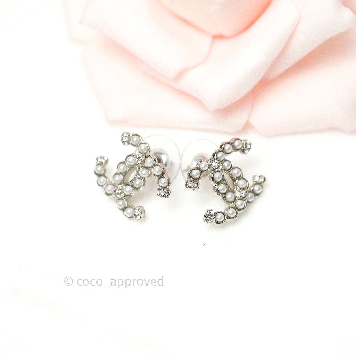 Chanel Crystal CC Earrings Silver Tone