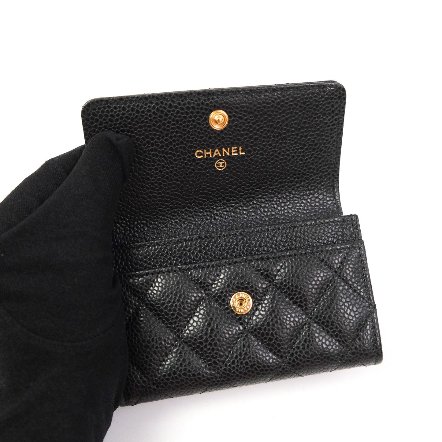 Chanel Card Holder Snap Button Black Caviar Gold Hardware