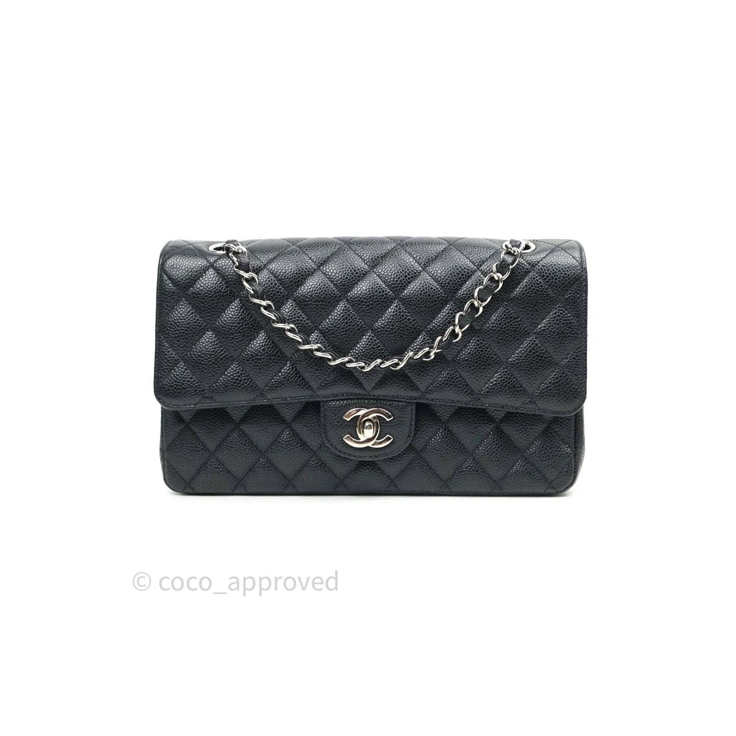 Chanel Quilted M/L Medium Double Flap Bag Black Caviar Silver Hardware