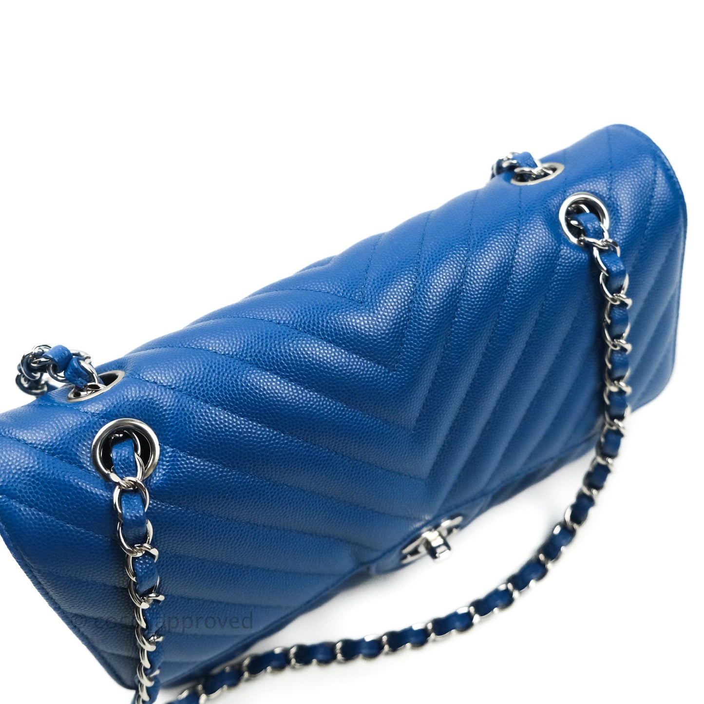 Chanel Classic Chevron M/L Medium Double Flap Blue Caviar Silver Hardware