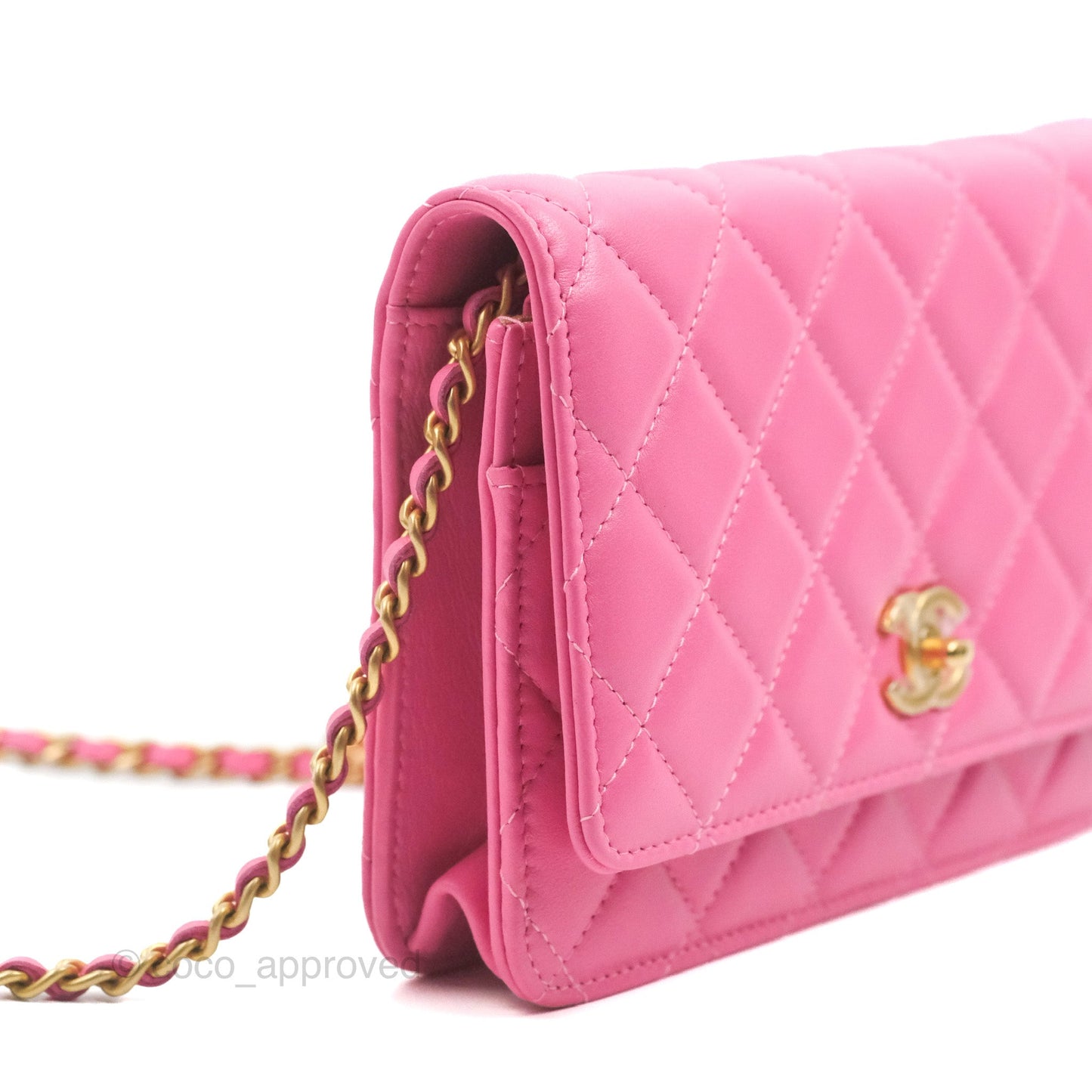 Chanel Quilted Pearl Crush Wallet on Chain WOC Pink Lambskin Aged Gold Hardware