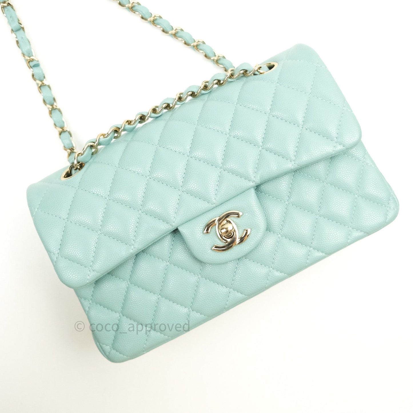 Chanel Classic Small S/M Flap Tiffany Blue Caviar Light Gold Hardware