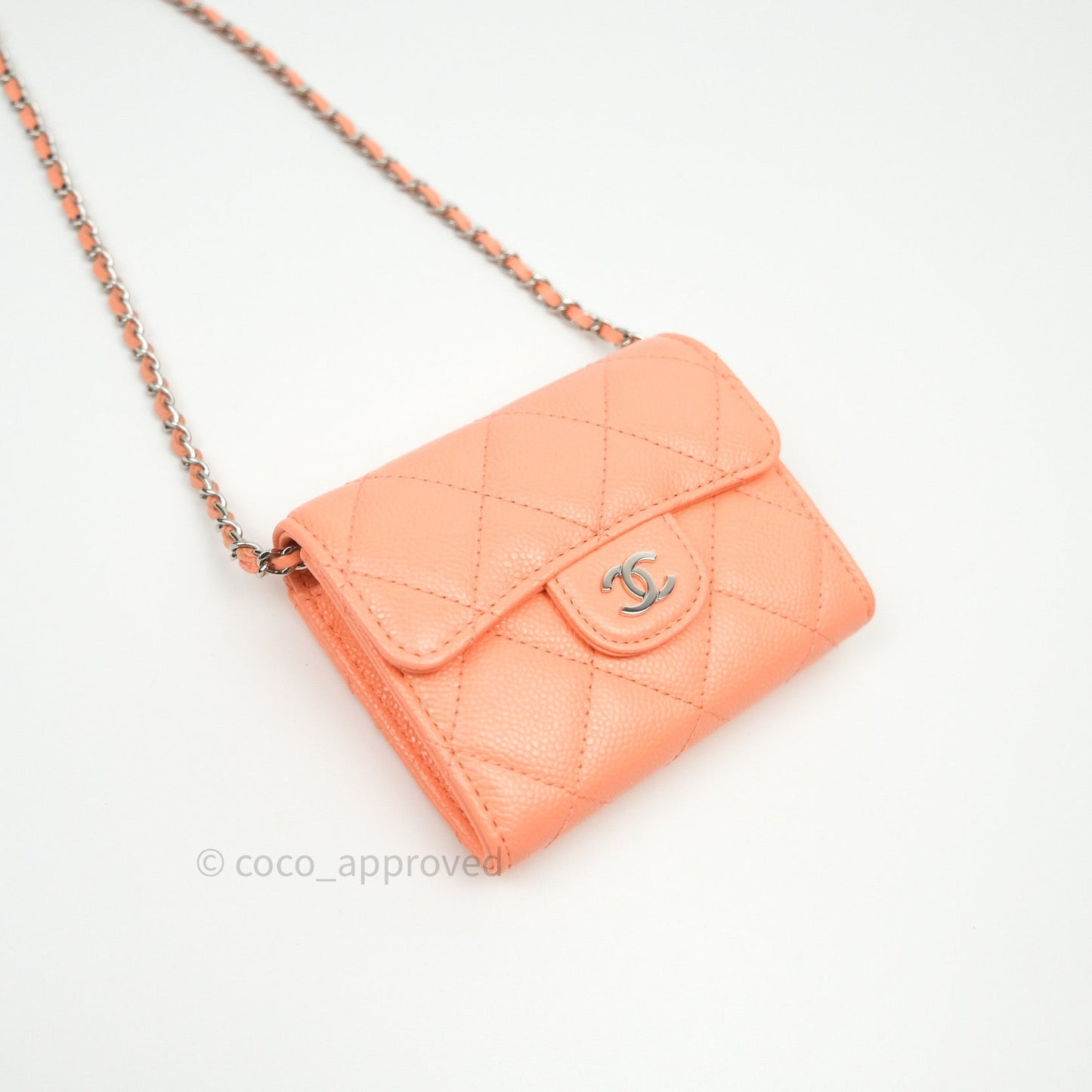 Chanel Mini Wallet With Chain Salmon Pink Caviar Silver Hardware