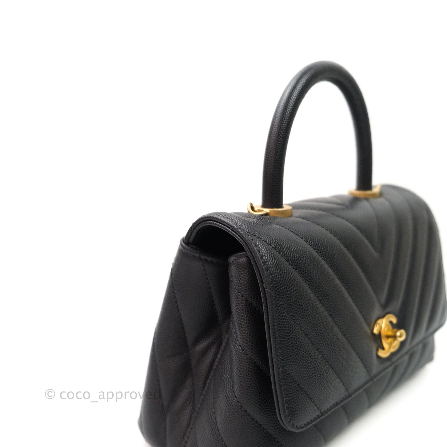 Chanel Quilted Mini Coco Handle Chevron Dark Grey Caviar Gold Hardware