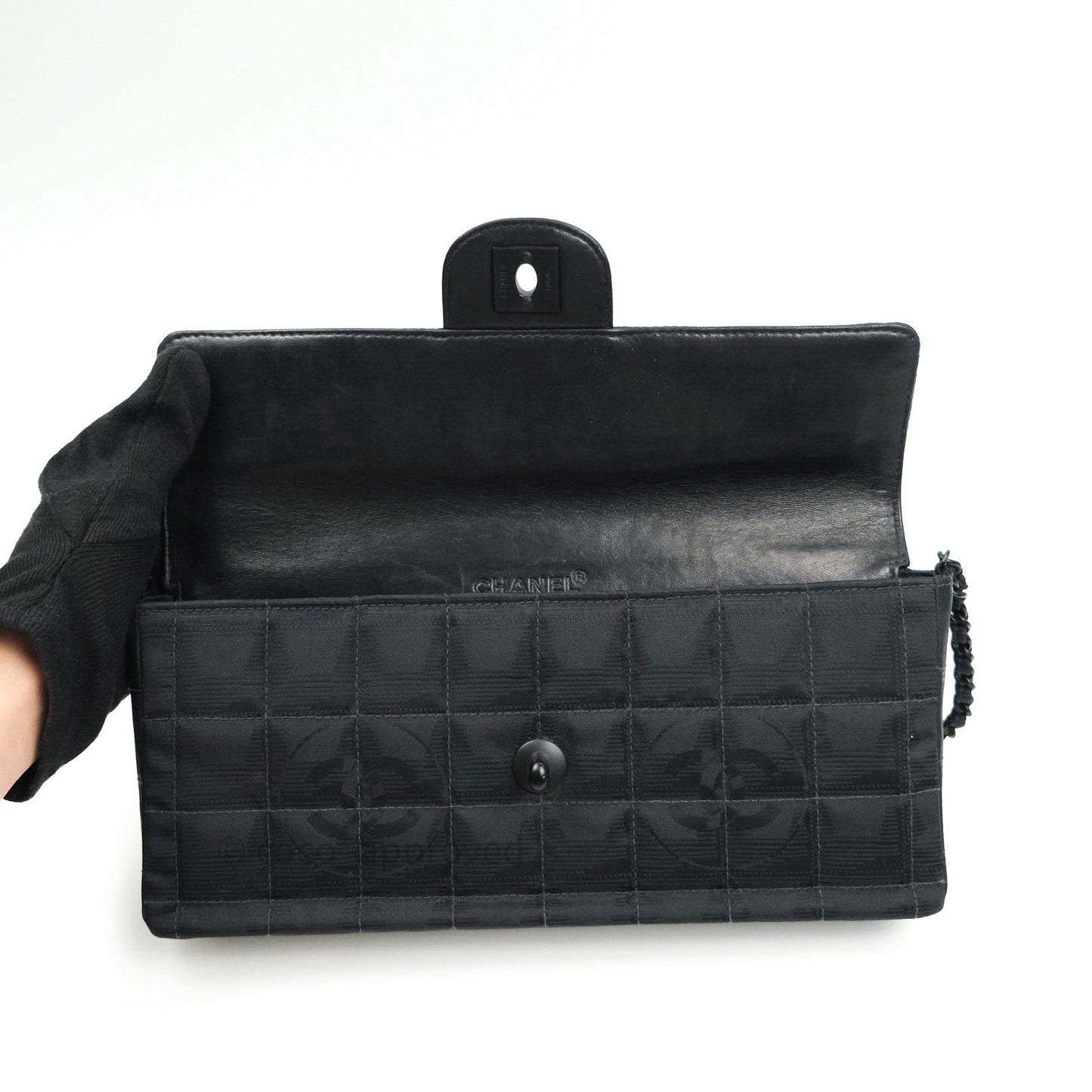 Chanel Denim So Black Camellia Clutch With Chain