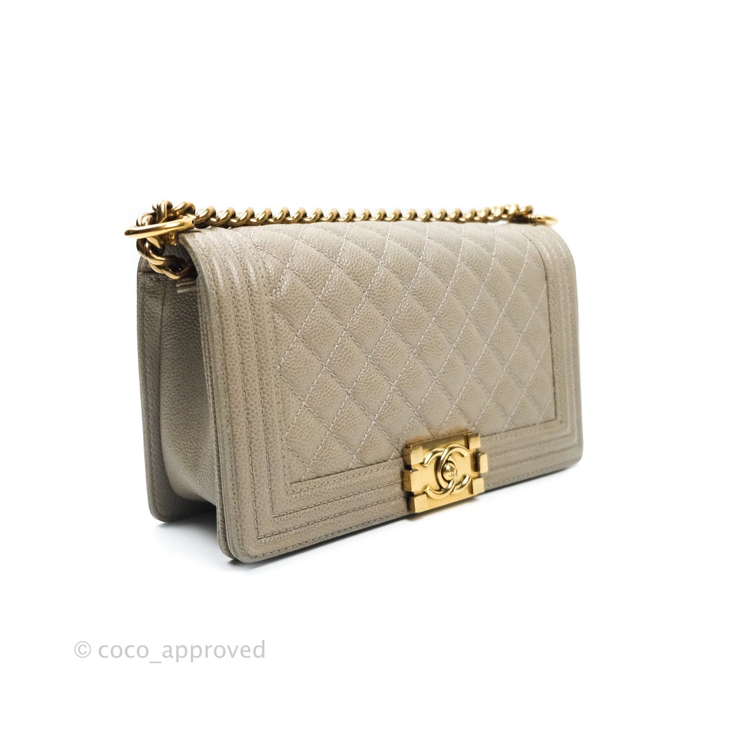 Chanel Boy Quilted Medium Taupe Grey Caviar Gold Hardware 14B