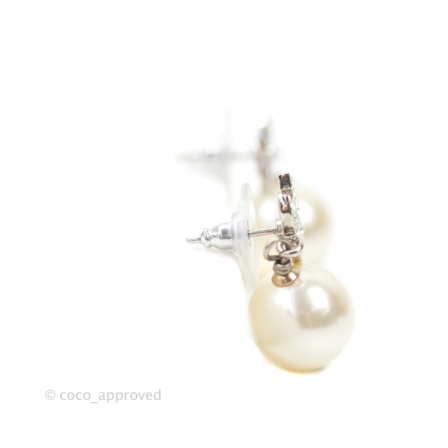 Chanel CC Rhinestone Pearl Drop Earrings Silver Tone