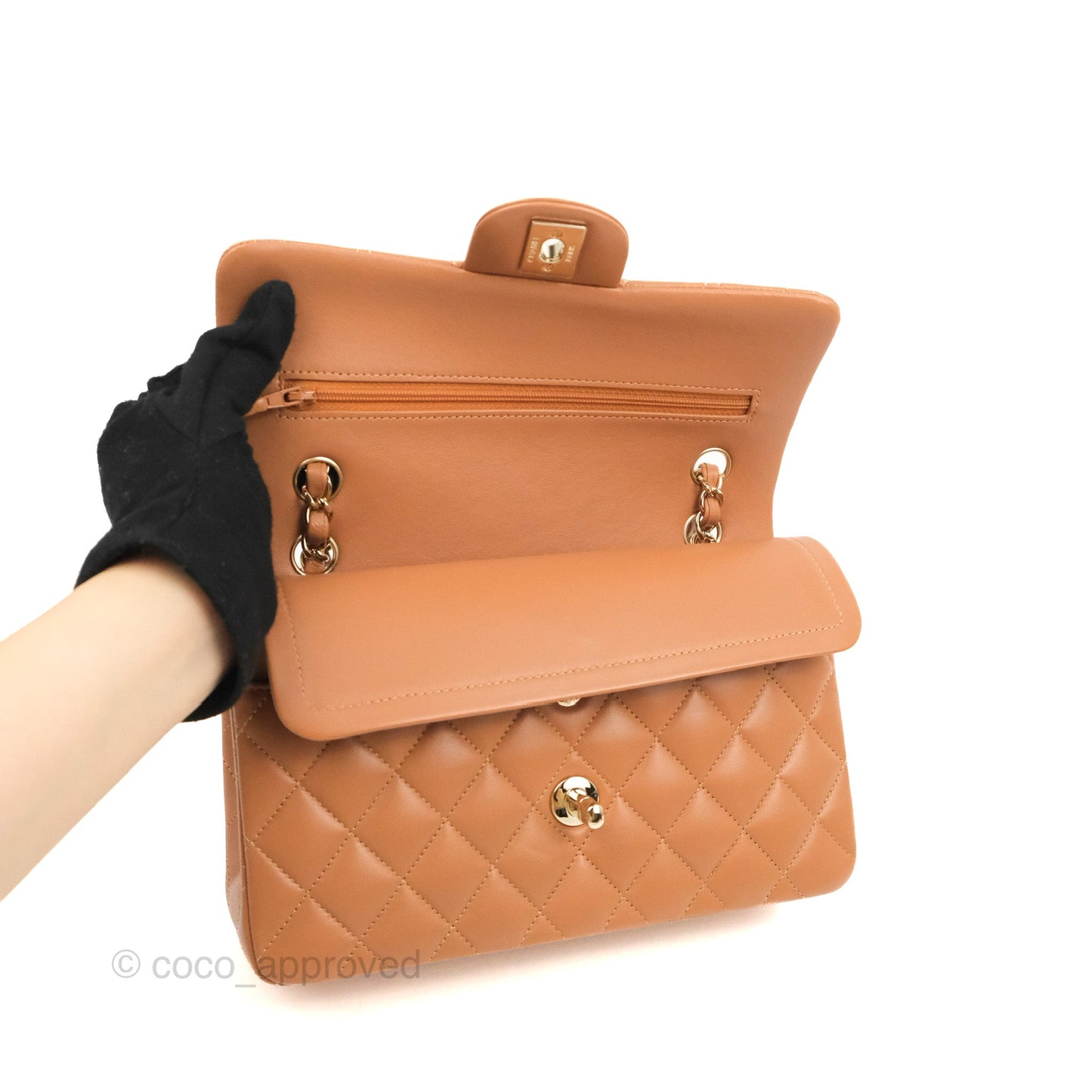 Chanel Small Classic Quilted Flap Dark Beige Caramel Lambskin Gold Hardware