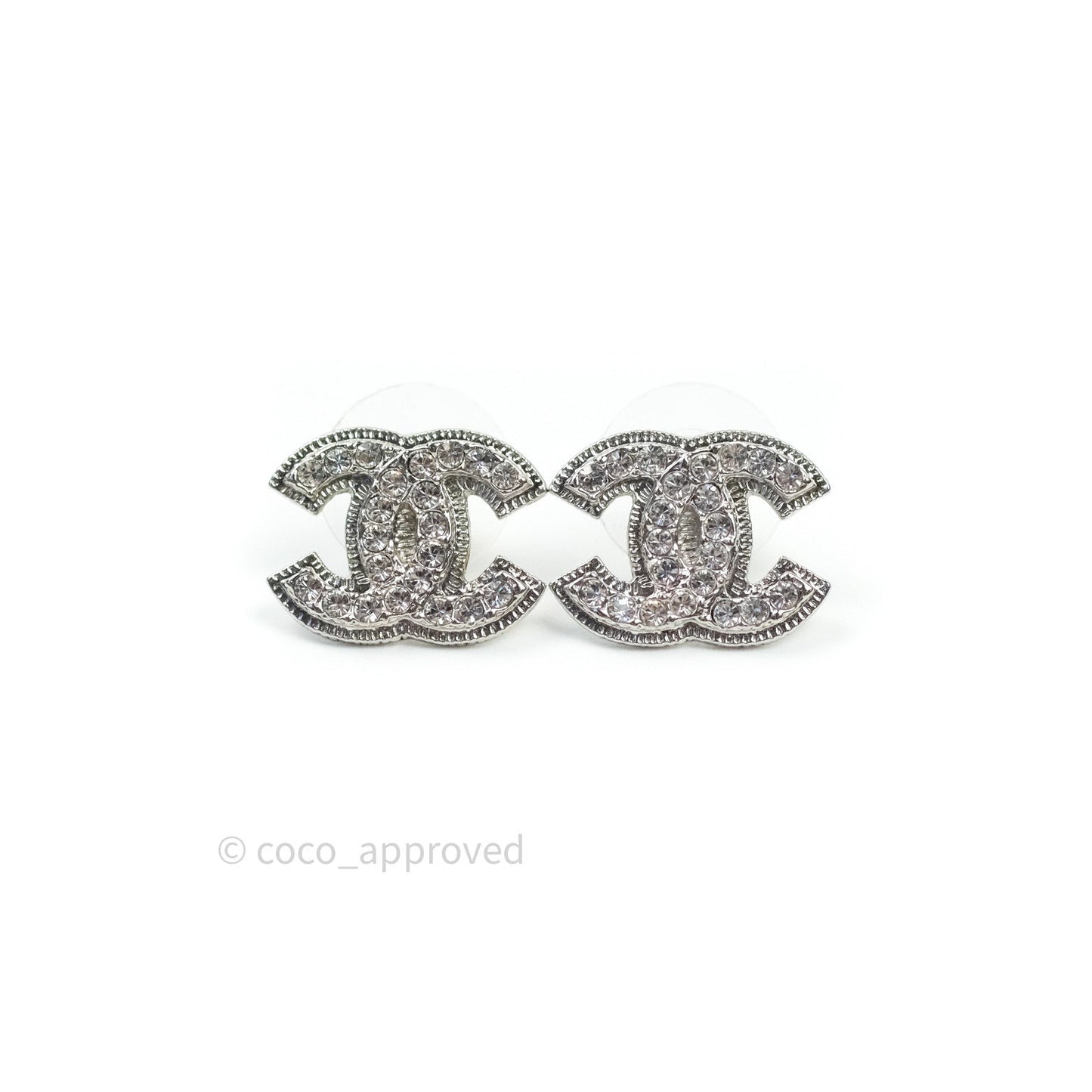 Chanel Crystal CC Earrings Silver Tone