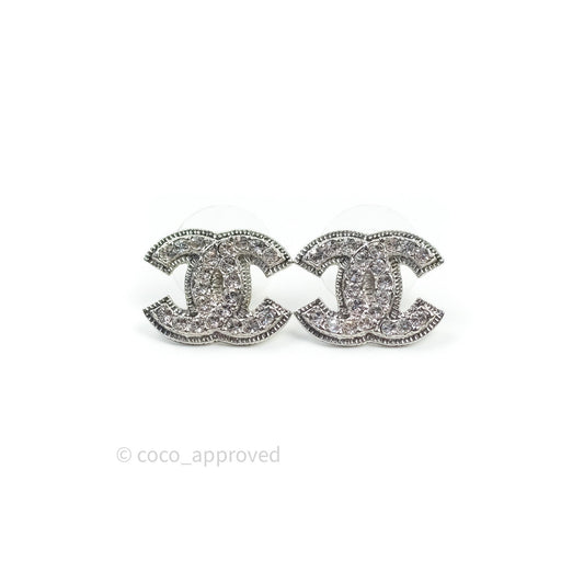 Chanel Crystal CC Earrings Silver Tone