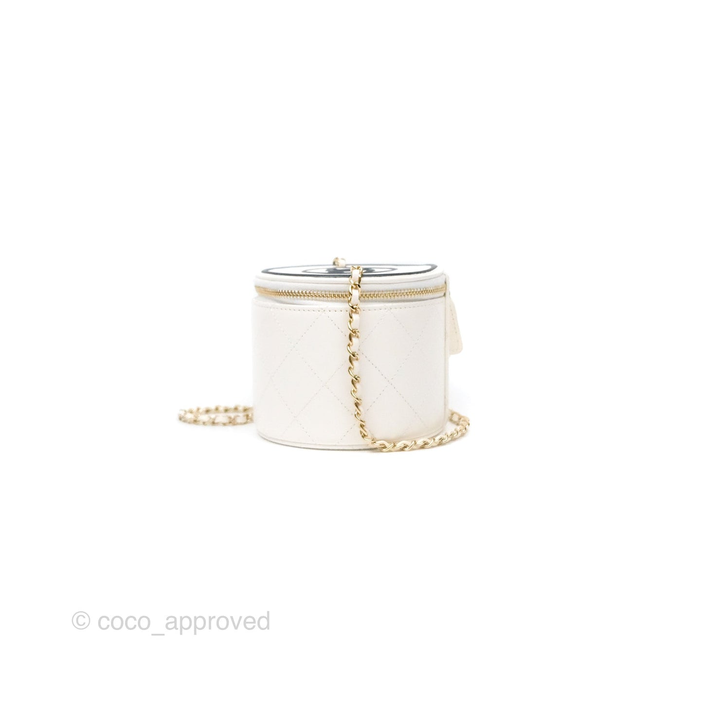 Chanel CC Quilted Round Vanity Clutch With Chain White Lambskin Gold Hardware
