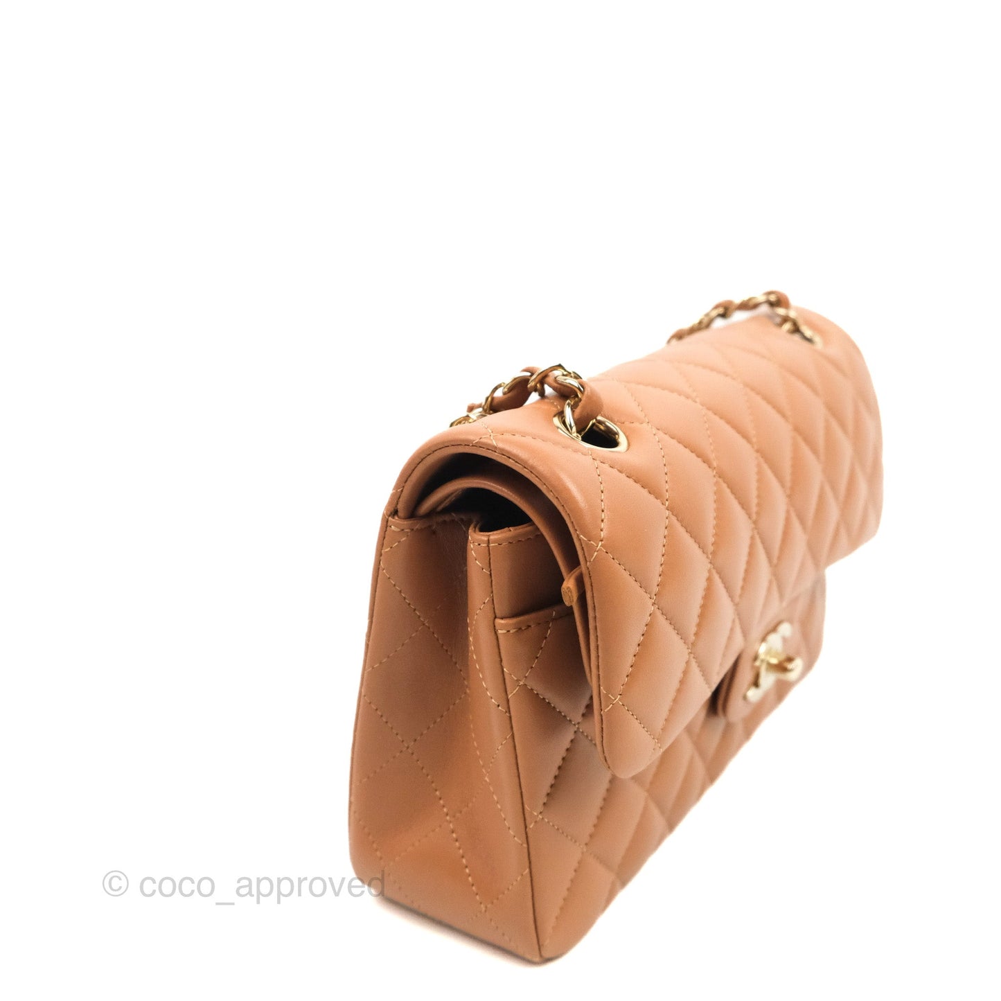 Chanel Small Classic Quilted Flap Dark Beige Caramel Lambskin Gold Hardware