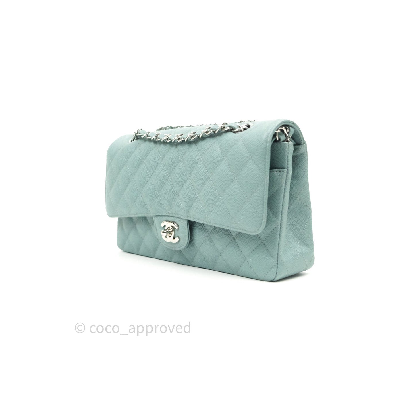 Chanel Classic M/L Medium Double Flap Bag Light Blue Caviar Silver Hardware 18C