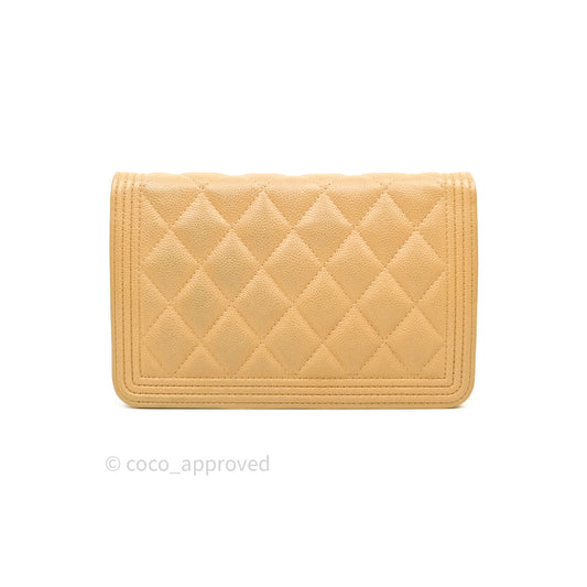 Chanel Quilted Boy Wallet on Chain WOC Beige Caviar Gold Hardware