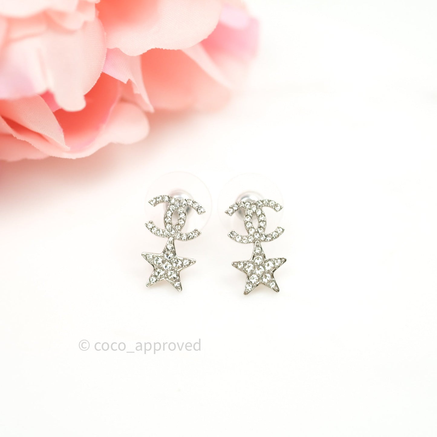 Chanel Crystal CC Star Earrings Silver 20B