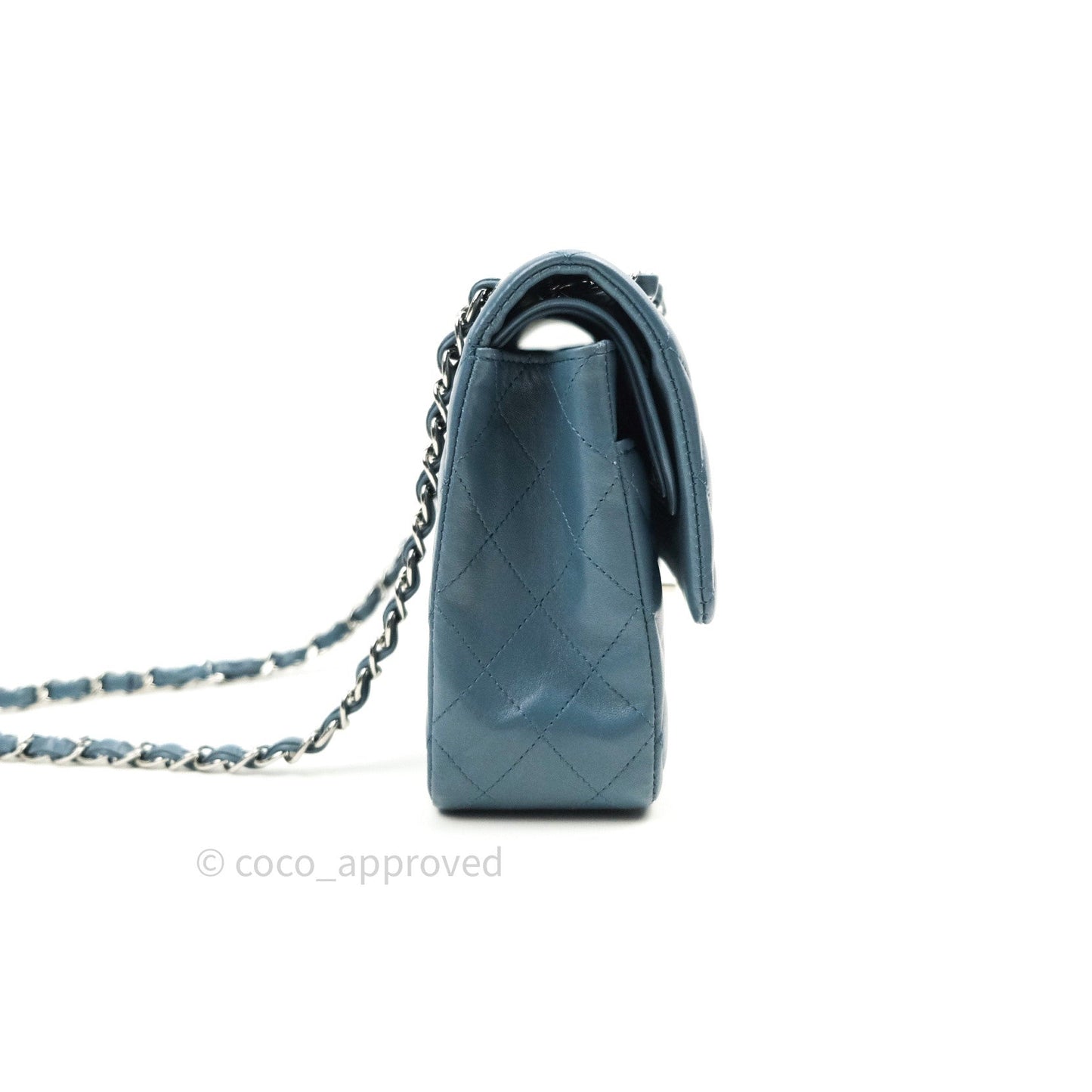 Chanel Classic M/L Lambskin Medium Double Flap Teal Blue Silver Hardware