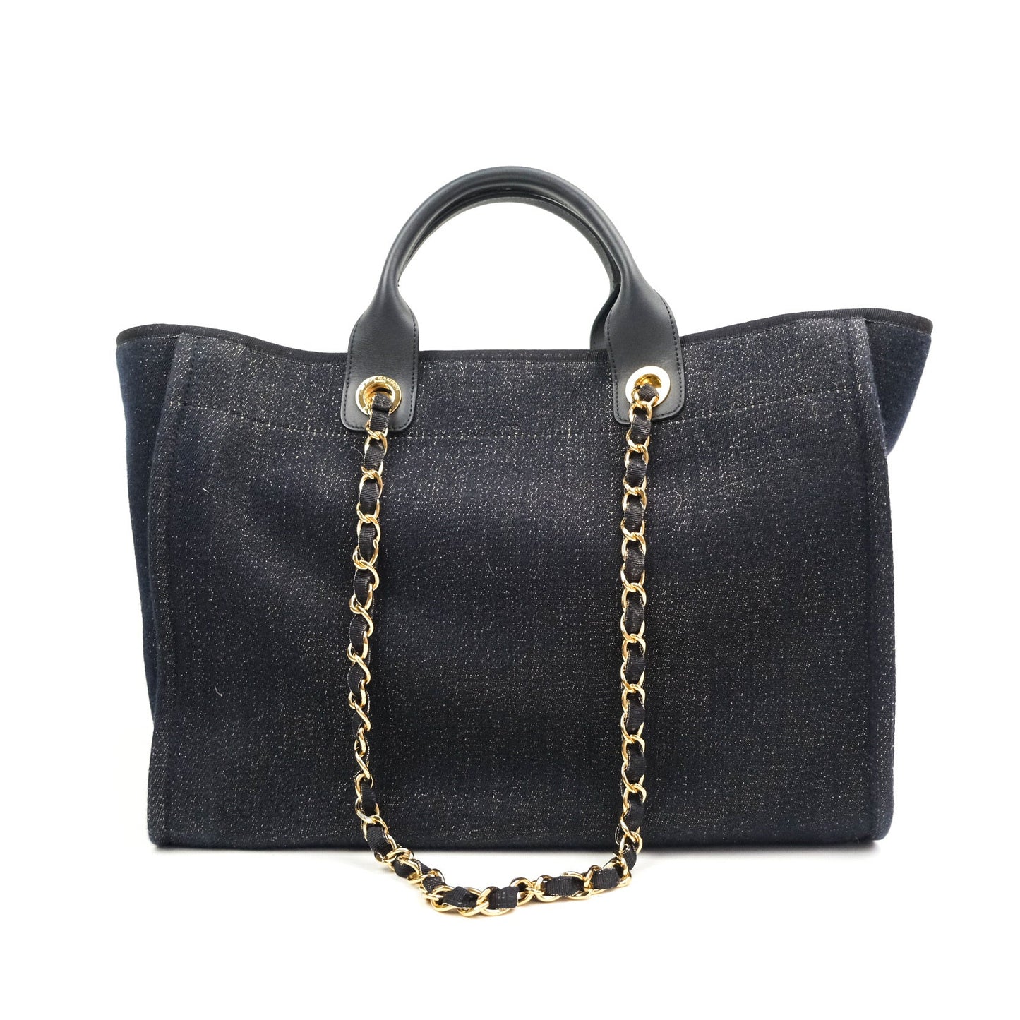 Chanel Canvas Large Deauville Tote Navy Glittery Gold Logo 19B