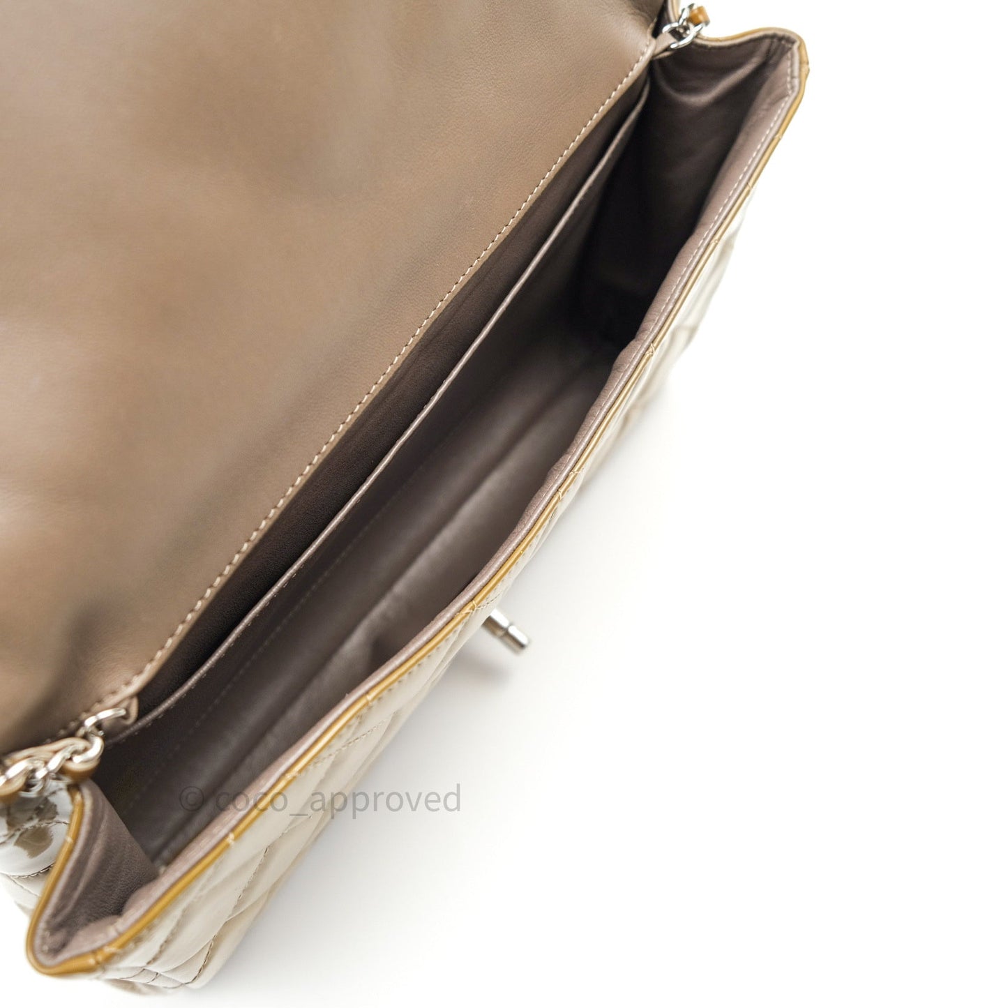 Chanel Quilted Clutch with Chain Khaki Patent Leather Silver Hardware