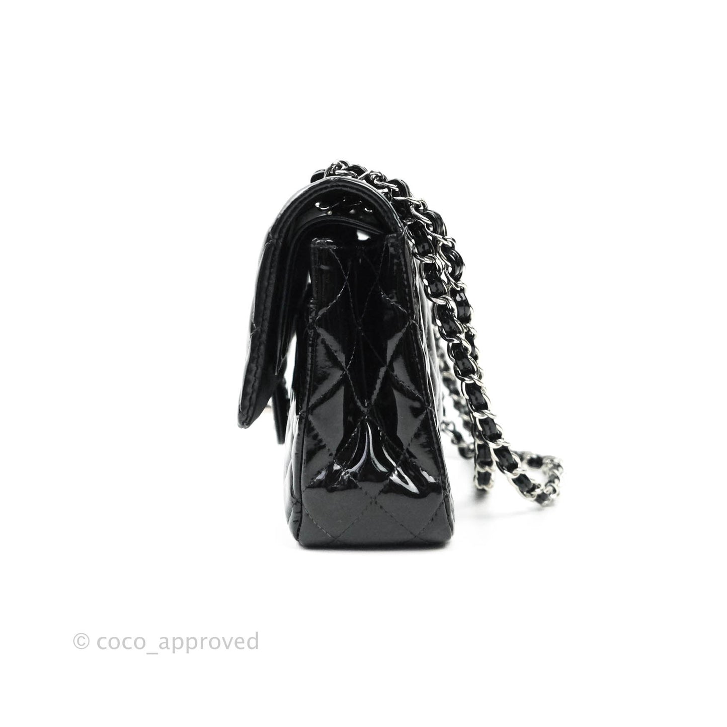 Chanel Classic M/L Medium Double Flap Bag Black Patent Silver Hardware