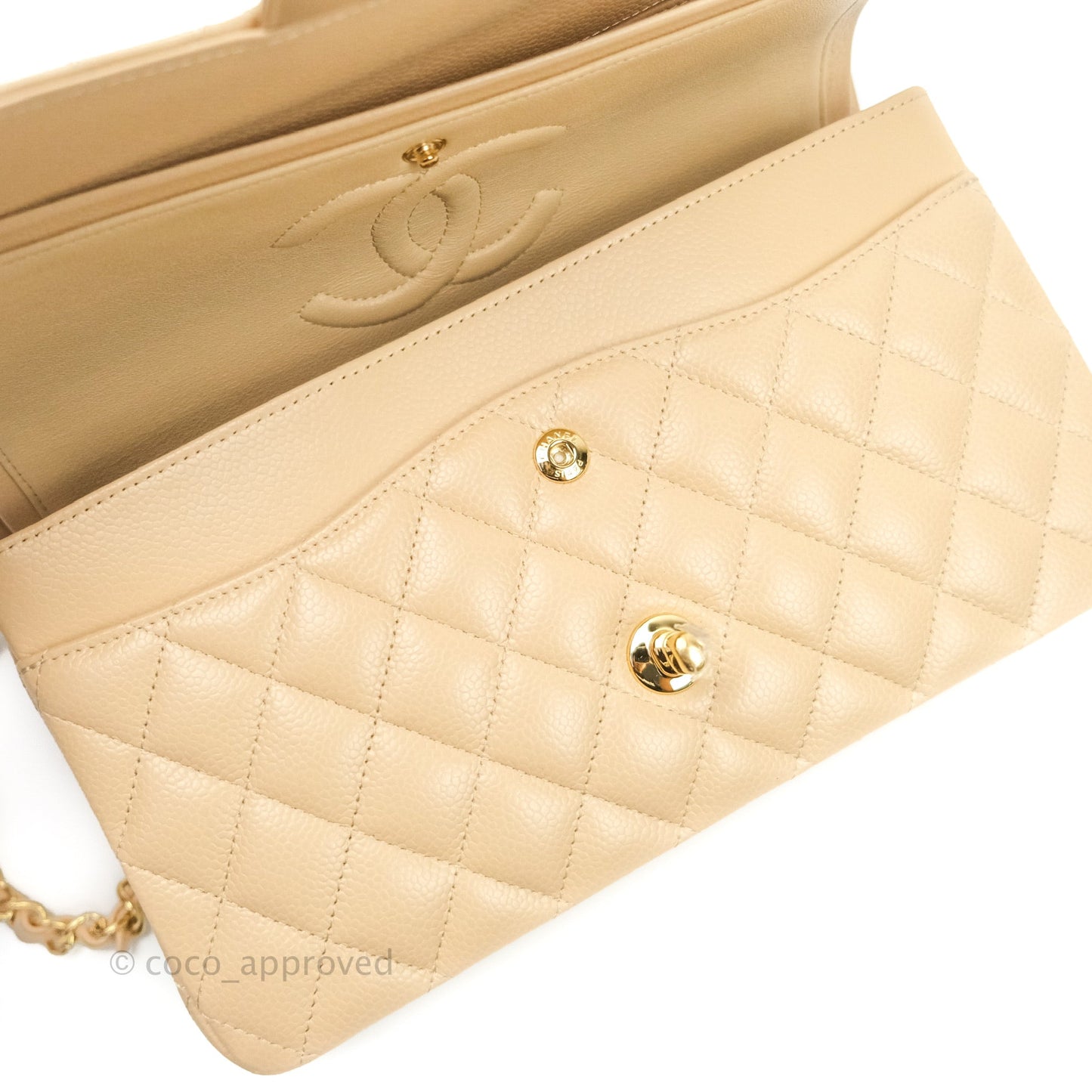 Chanel Classic M/L Medium Double Flap Bag Beige Caviar Gold Hardware