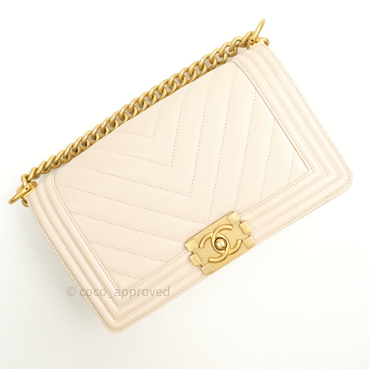 Chanel Boy Chevron Medium Beige Caviar Gold Hardware