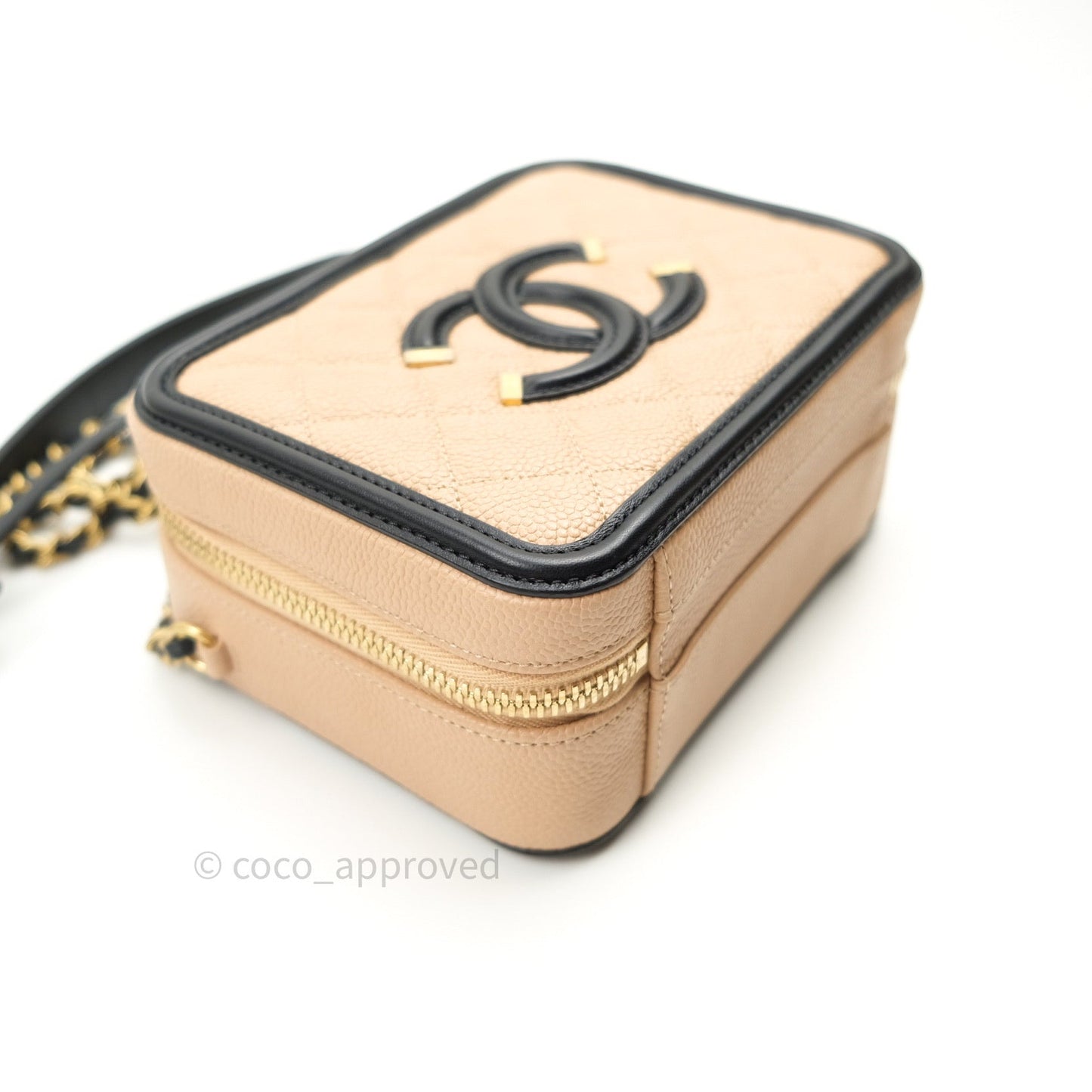 Chanel Quilted Small CC Filigree Vanity Case Beige Black Caviar