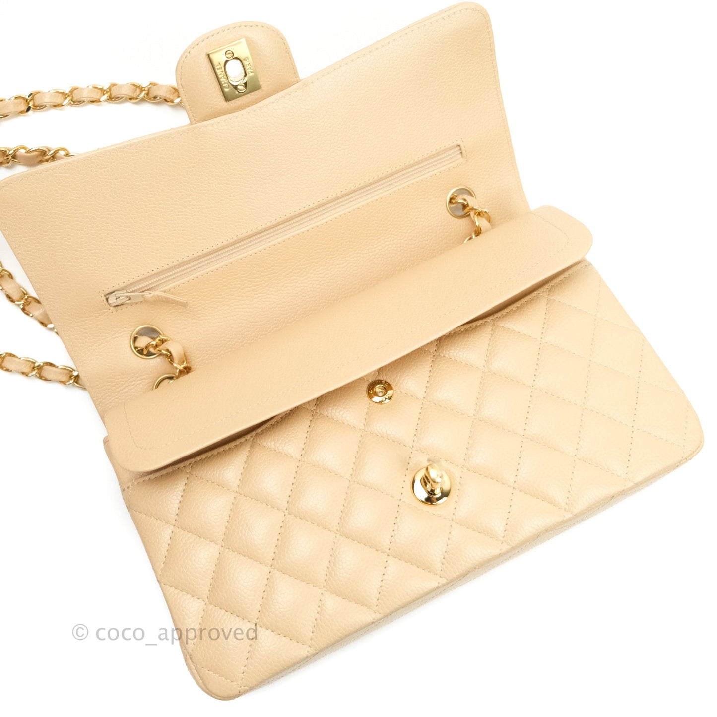 Chanel Classic M/L Medium Double Flap Bag Beige Caviar Gold Hardware