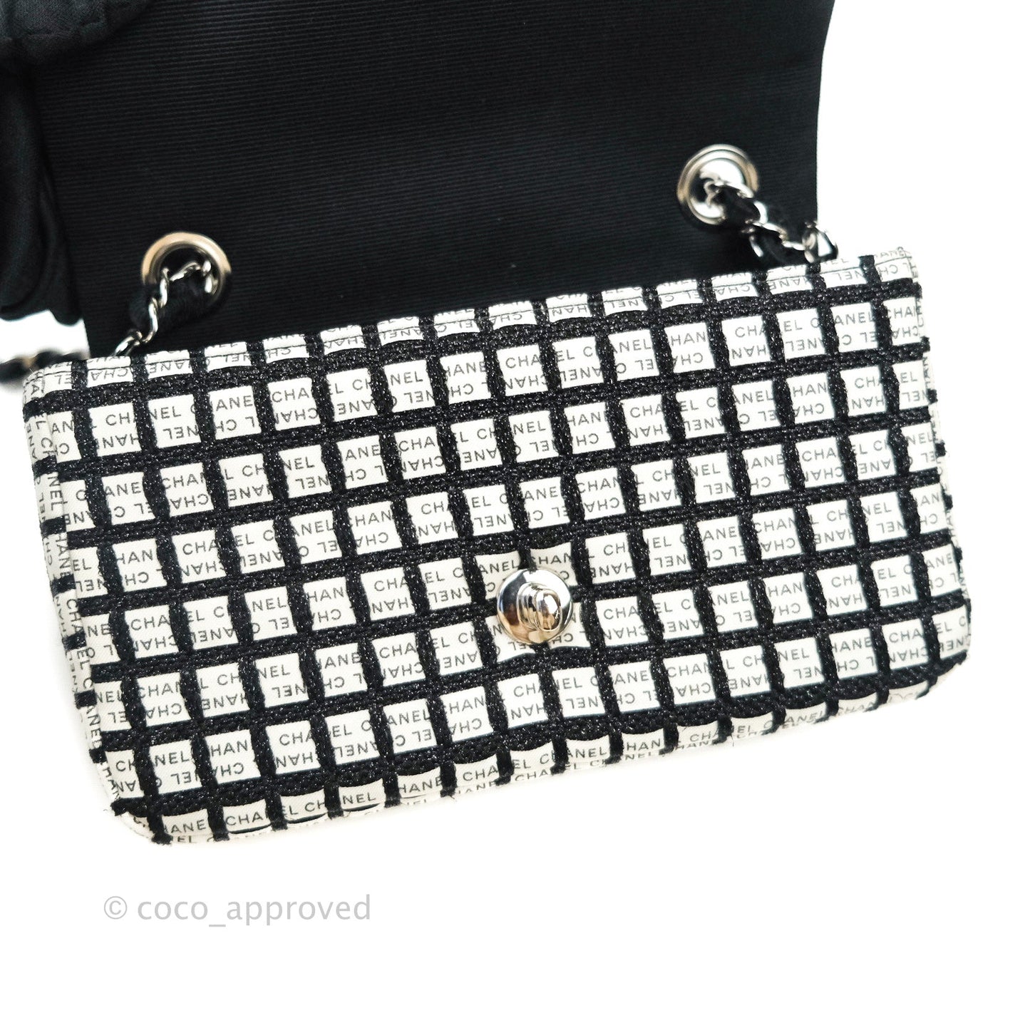 Chanel Quilted Mini Rectangular Black White Logo Silver Hardware
