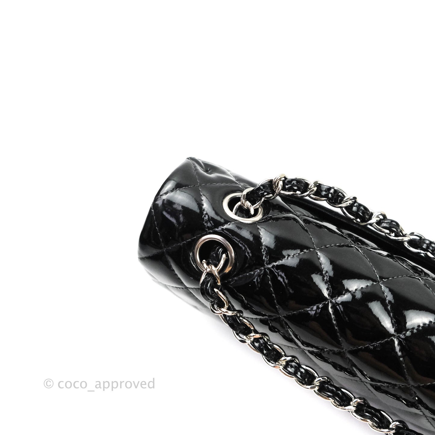 Chanel Classic M/L Medium Double Flap Bag Black Patent Silver Hardware
