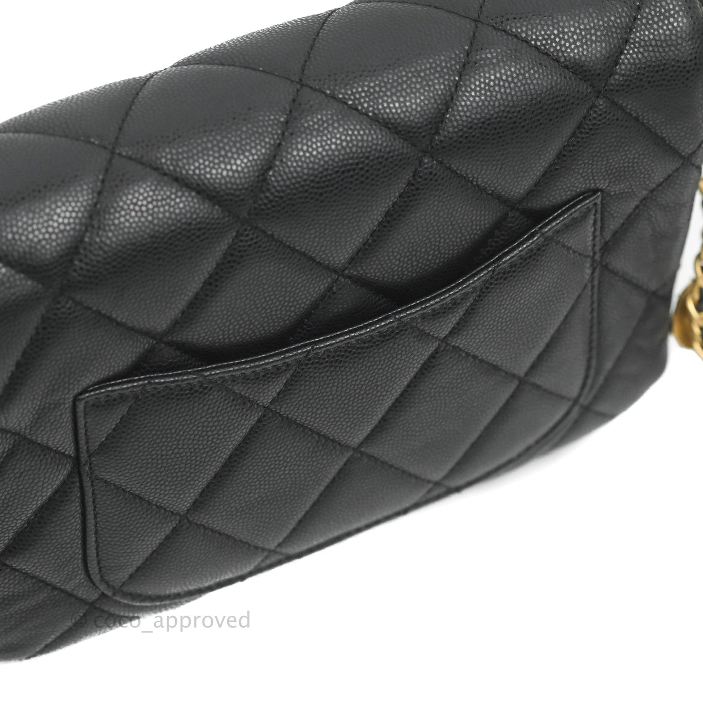 Chanel Small Flap with Coin Charm Black Caviar Aged Gold Hardware 22A