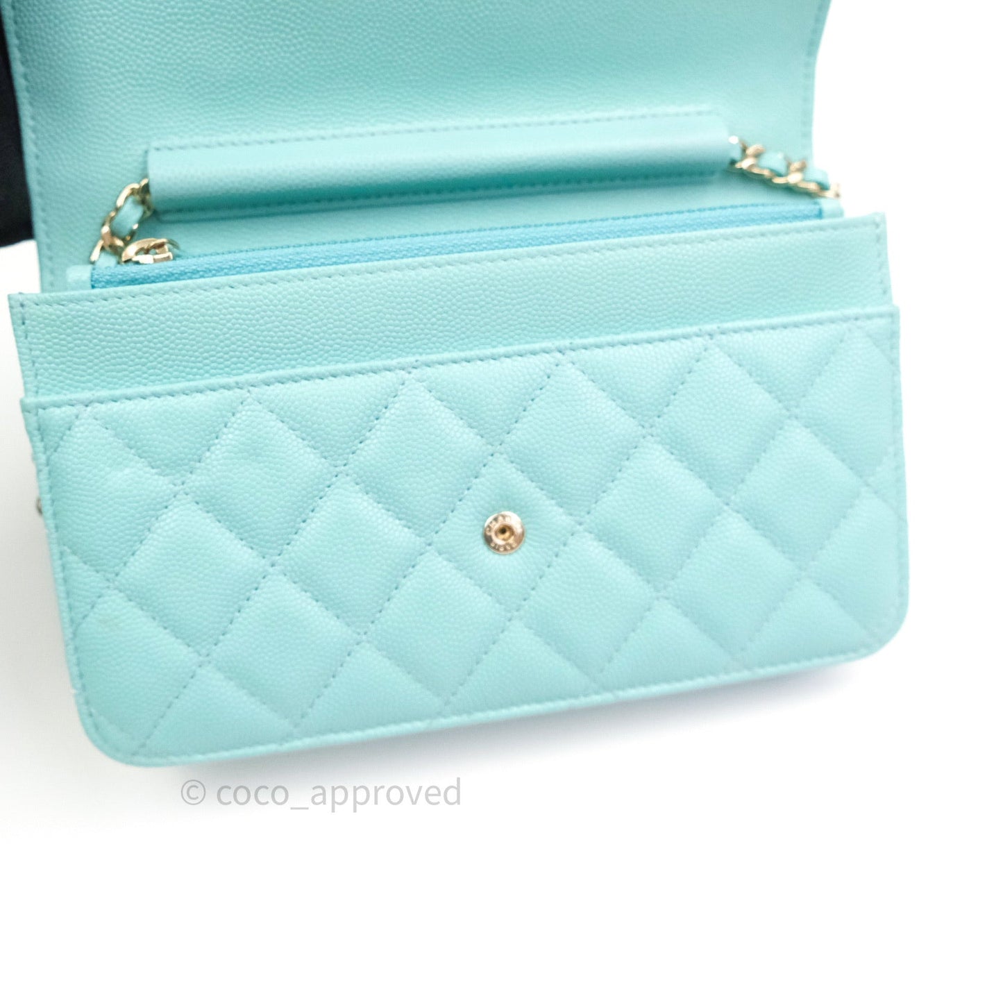 Chanel Quilted Wallet on Chain WOC Tiffany Blue Caviar Light Gold Hardware